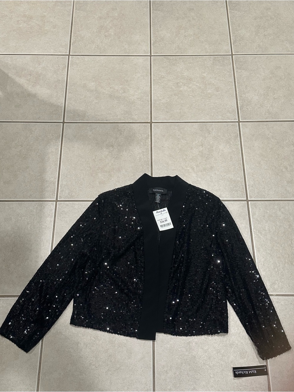 R&M Richards Black Sequin Open-Front Blazer